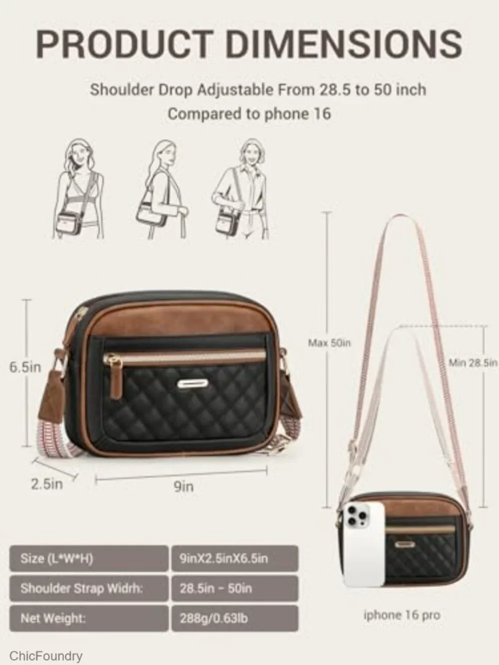Women's Waterproof Vegan Leather Crossbody Bag Adjustable Strap Quilted Purse